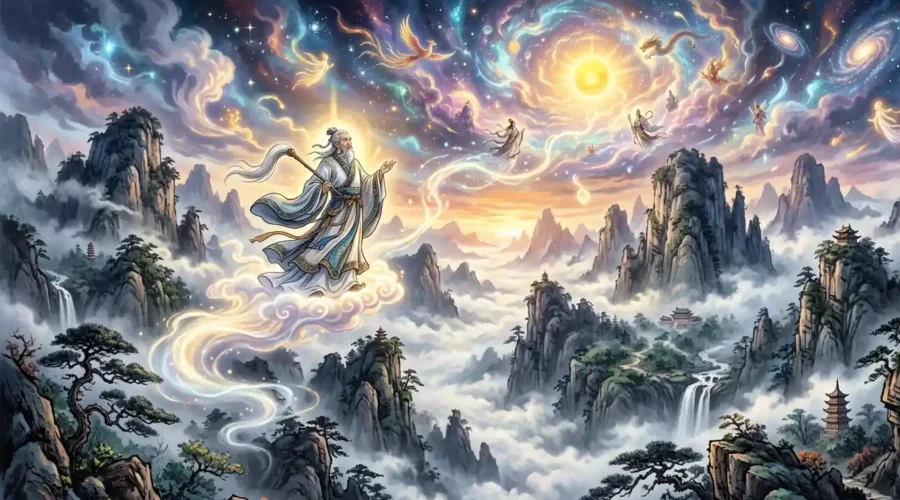 How to become immortal - Daoist immortal ascending above sacred mountains into the heavens.