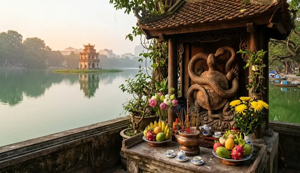 Vietnamese Xuanwu shrine with carved tortoise serpent offering in foreground and Hoan Kiem Lake Turtle Tower at dawn in the background