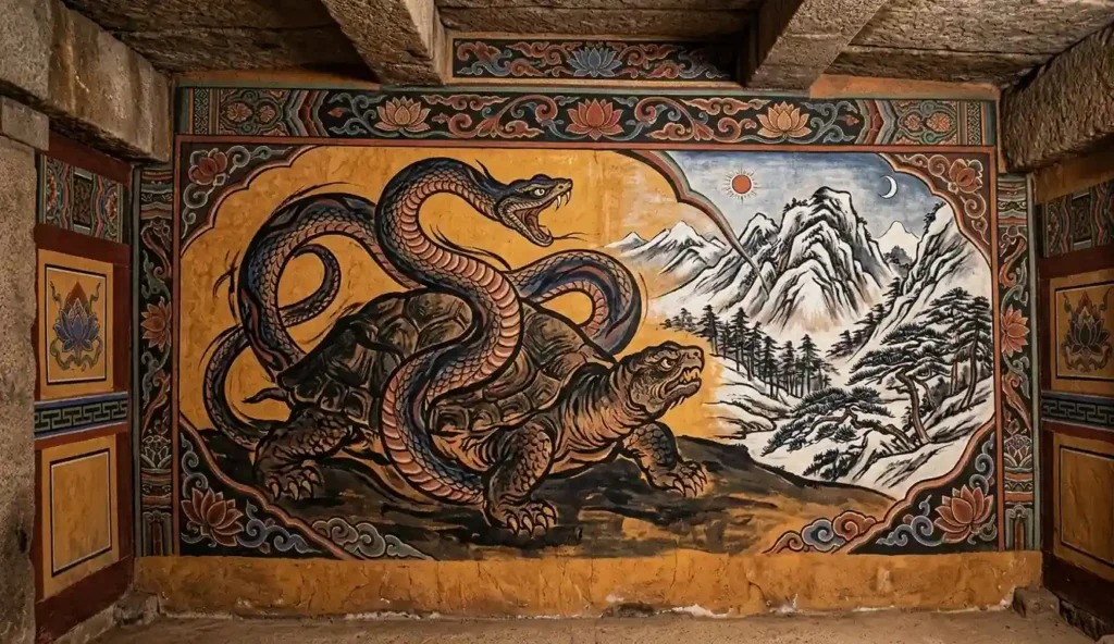 Goguryeo tomb mural style painting of Hyeonmu Korean Black Tortoise with energetically coiling serpent