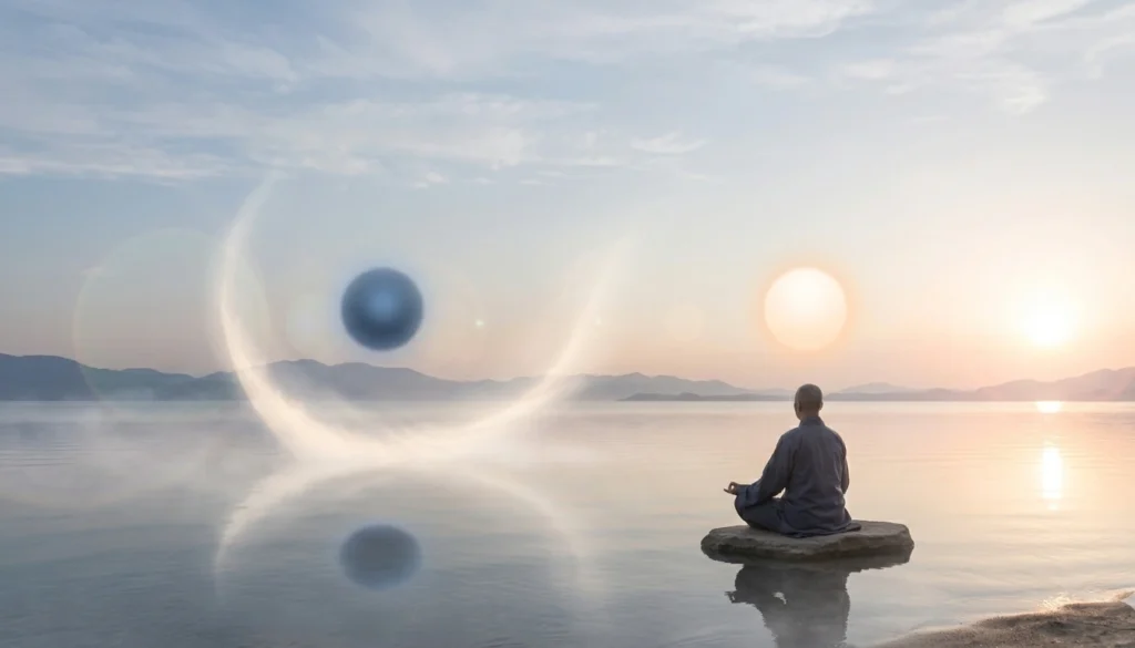 A Taoist meditating at sunrise over a calm horizon symbolizing balance and peace
