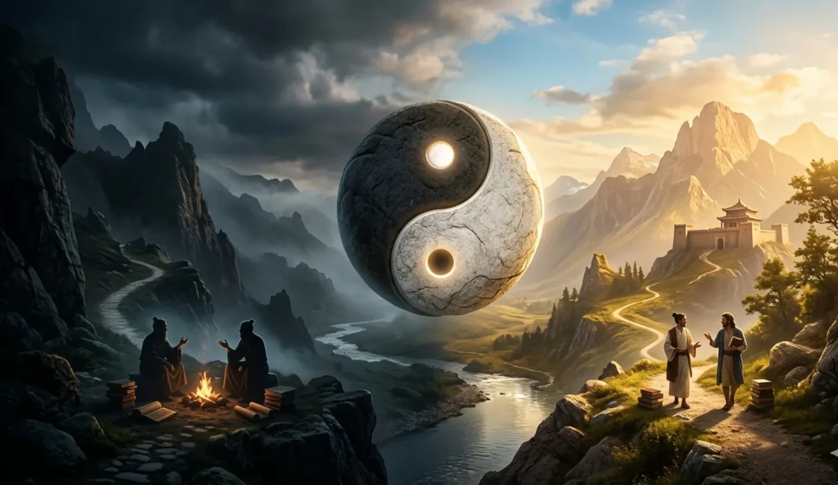 Yin Yang symbol floating above in a dramatic light and shadow scene, evoking the question, is yin yang demonic?