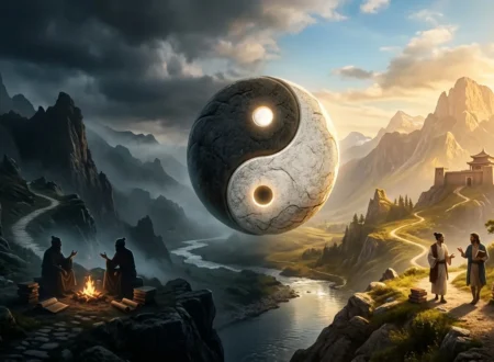 Yin Yang symbol floating above in a dramatic light and shadow scene, evoking the question, is yin yang demonic?