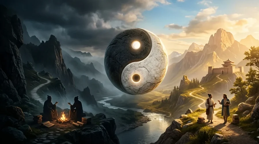 Yin Yang symbol floating above in a dramatic light and shadow scene, evoking the question, is yin yang demonic?