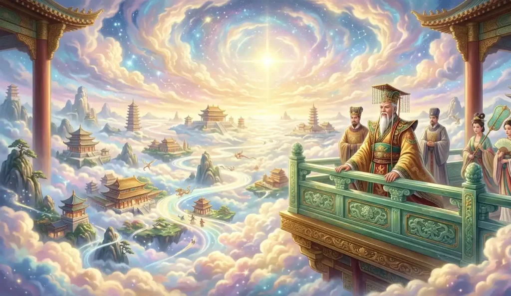 Jade Emperor watching over the Heavenly Court from above.