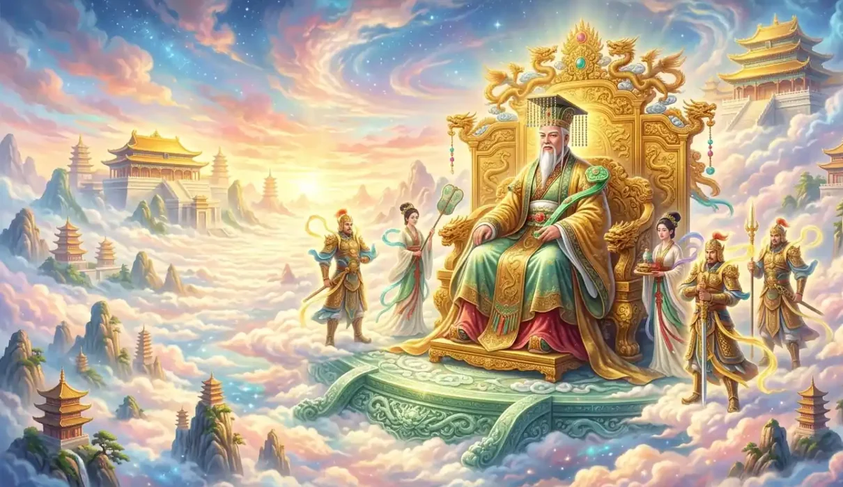 Jade Emperor ruling Heaven from a celestial golden throne.