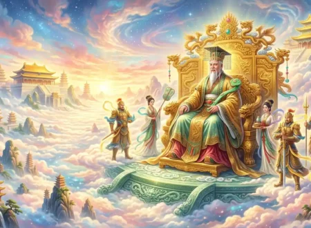 Jade Emperor ruling Heaven from a celestial golden throne.