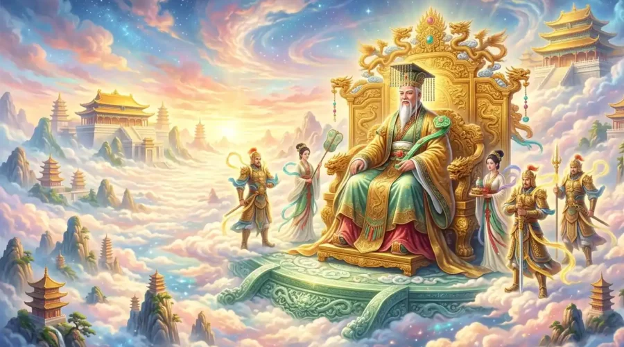 Jade Emperor ruling Heaven from a celestial golden throne.