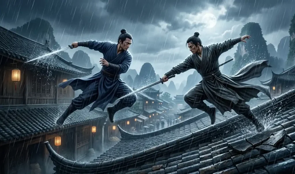Two martial artists fighting across rooftops in the rain.