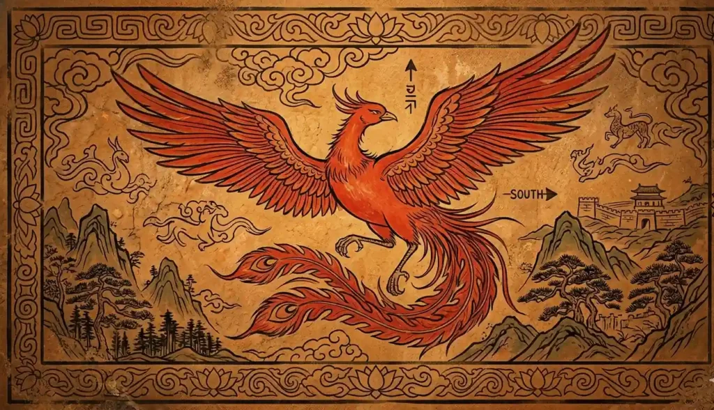 Goguryeo tomb mural style painting of Jujak the Korean Vermilion Bird in dynamic flight facing south