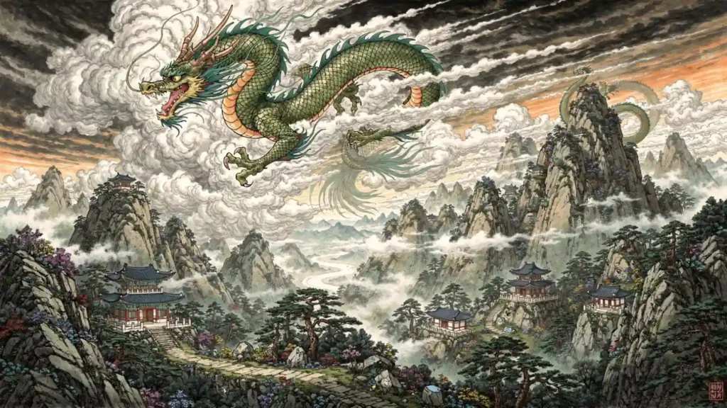 Korean dragon flying through storm clouds above mountains