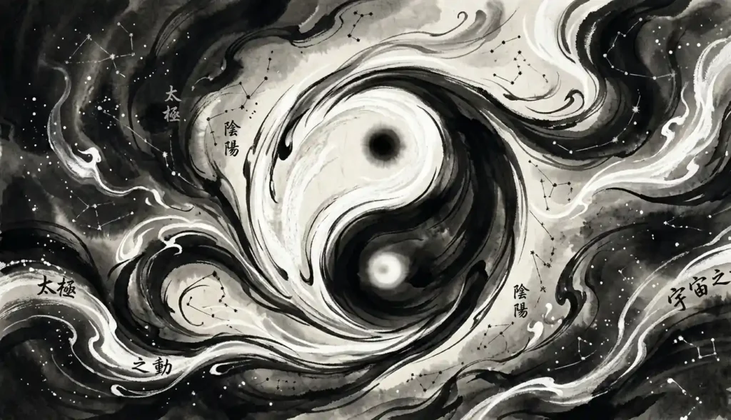 Yin-yang symbol surrounded by flowing cosmic energy.