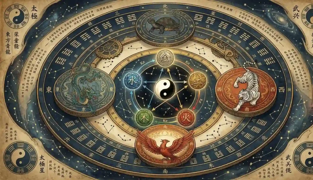 Unified cosmology diagram connecting all three symbolic systems.