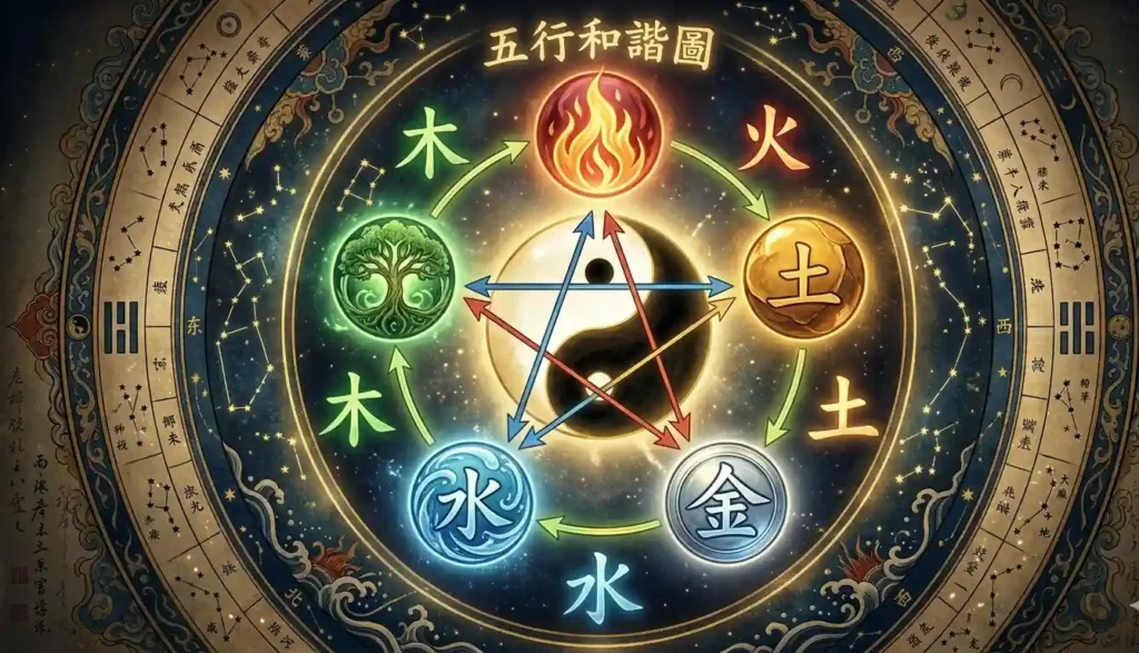 Five Elements arranged in a traditional circular relationship chart.