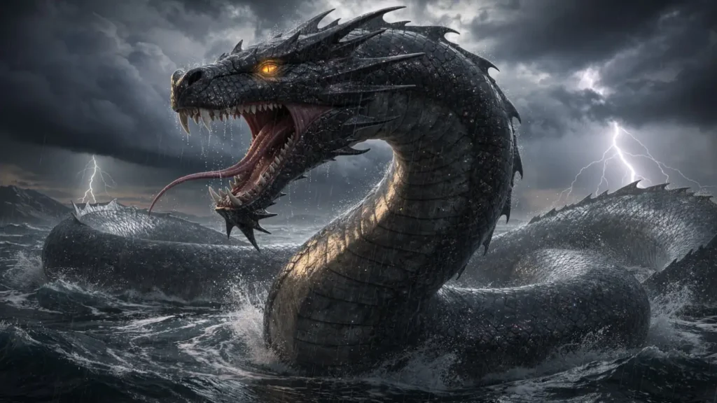 Leviathan rising from stormy sea beneath dark thunderclouds