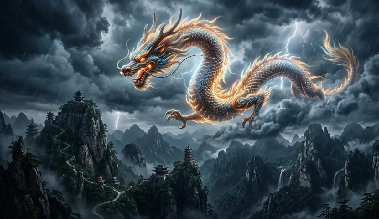 Chinese Loong flying through storm clouds above mountains.