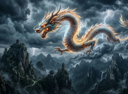 Chinese Loong flying through storm clouds above mountains.