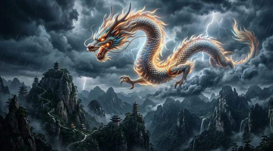 Chinese Loong flying through storm clouds above mountains.