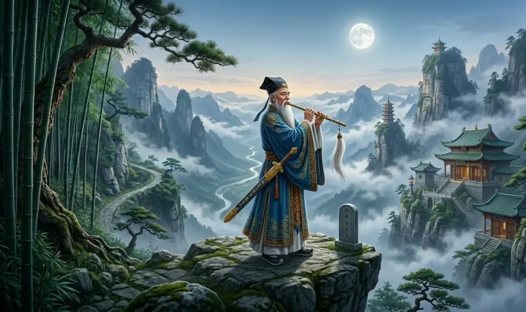 Lu Dongbin Standing at the edge of the cliff carrying a sword on his waists