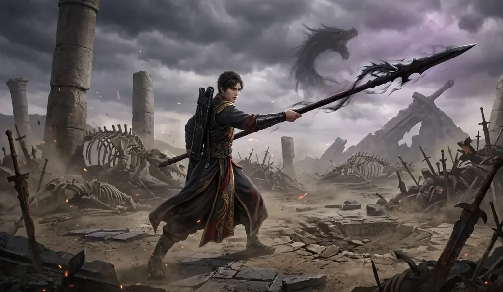 Lin Ming standing heroically with a glowing divine spear.