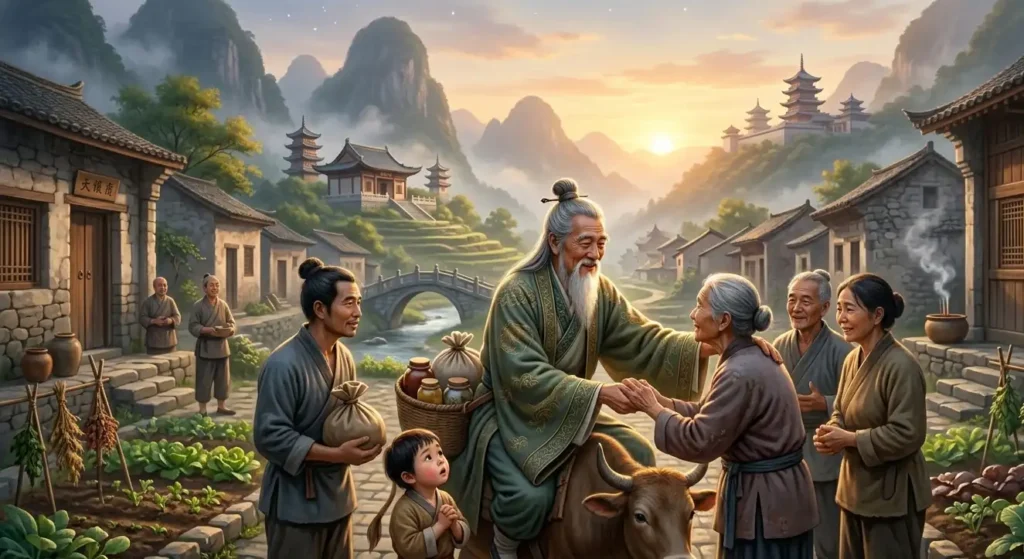 Daoist sage teaching morality and harmony within a village.