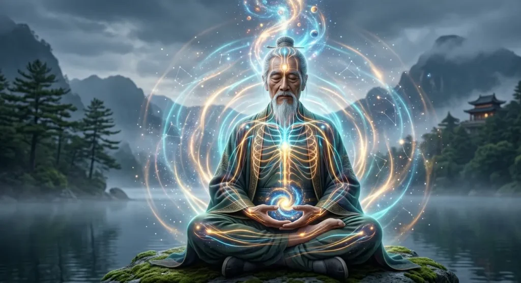 Daoist cultivator practicing internal alchemy through meditation.