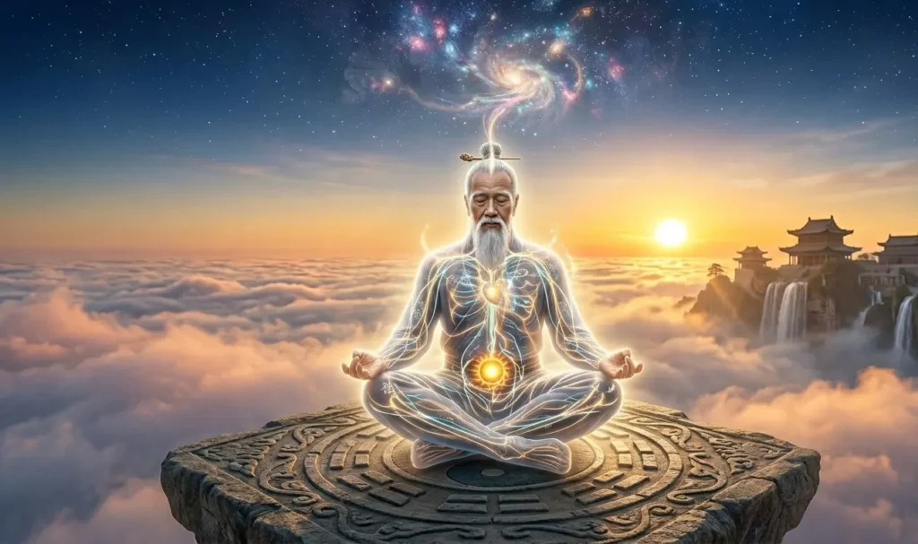 1Daoist meditator practicing inner observation of spiritual energy.
