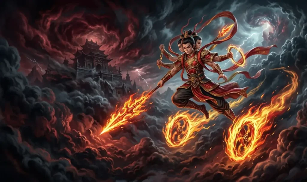 Nezha standing heroically with fire wheels and spear.