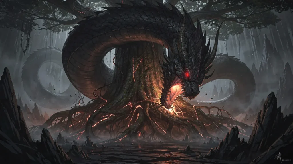 A visual representation of the Norse dragon Níðhöggr feeding on the World Tree.