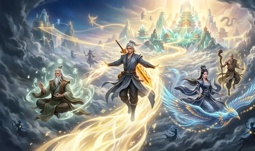 Cultivators ascending together toward the immortal heavens.