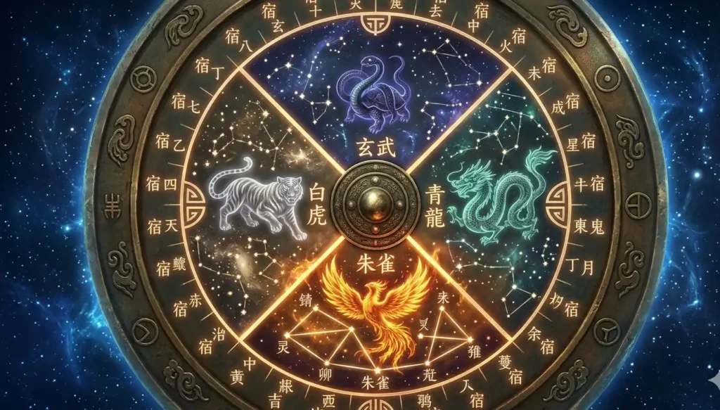 Ancient Chinese celestial star chart showing four guardian beast quadrants with the southern Vermilion Bird constellation glowing brightest among lunar mansions
