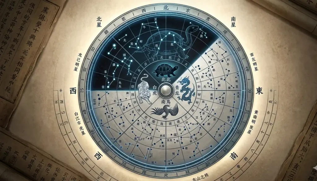Ancient Chinese celestial star chart showing four guardian beast quadrants with the northern Black Tortoise constellation glowing in deep blue among lunar mansions