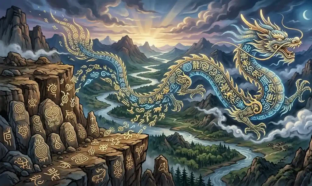 Early Chinese dragon symbols transforming into the Loong.