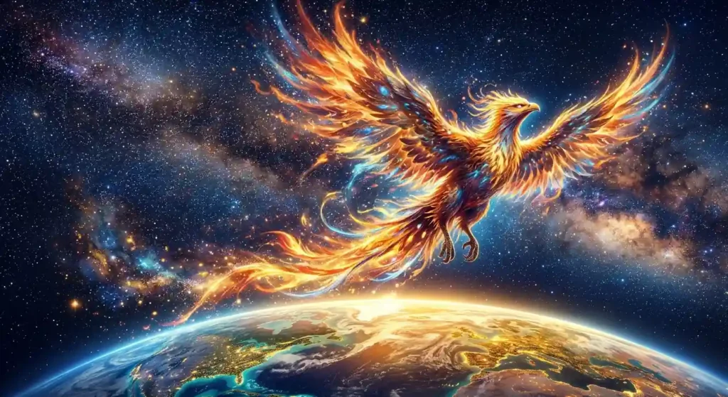 Majestic phoenix ascending into the heavens above Earth.