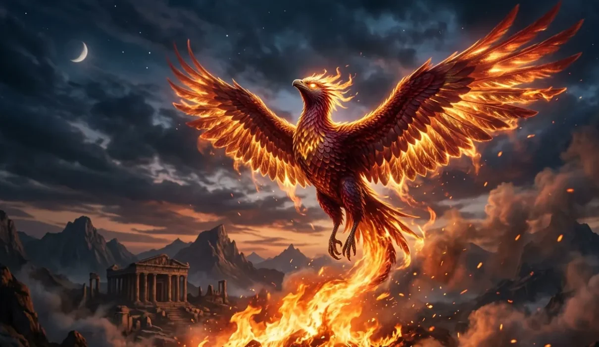 Phoenix bird rising from fire with glowing golden feathers.