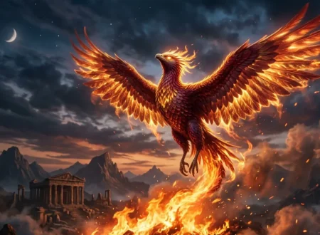 Phoenix bird rising from fire with glowing golden feathers.