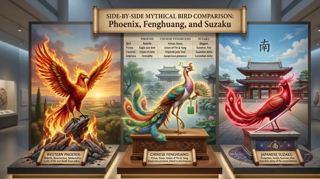 Three sacred mythological birds shown beside each other.