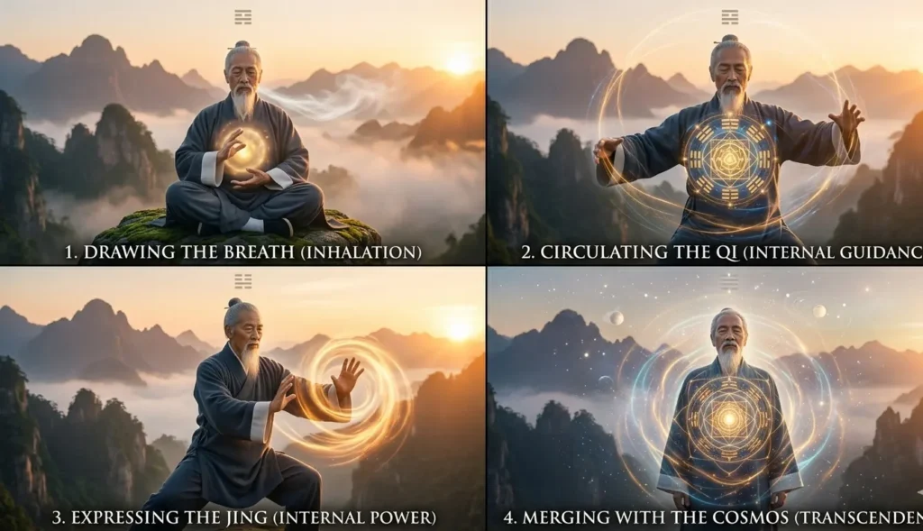 Daoist practitioner performing flowing Dao Yin movements outdoors.