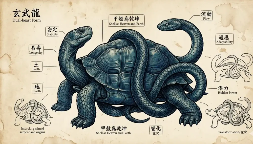 Detailed natural history style illustration of Xuanwu showing tortoise and serpent intertwined with annotated symbolic attributes
