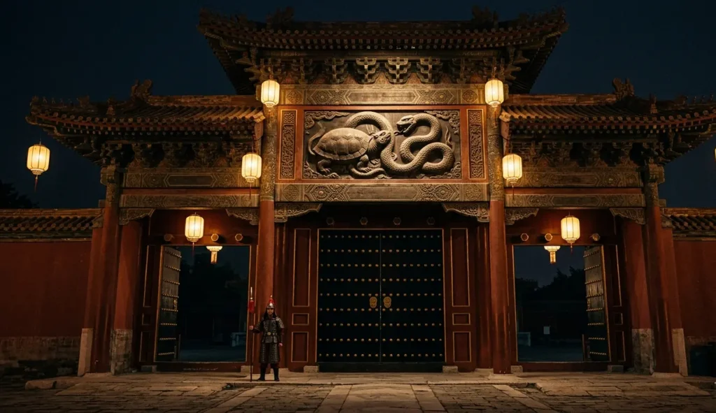 Classical Chinese palace northern gate at midnight with Xuanwu tortoise serpent relief above the arch radiating protective authority