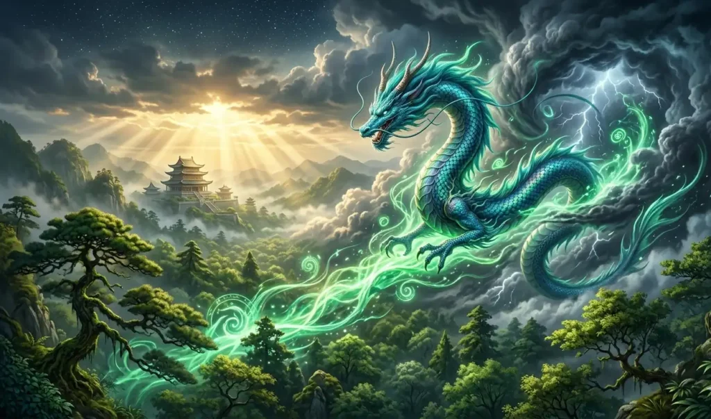 Azure Dragon surrounded by forests and green elemental energy representing Wood.