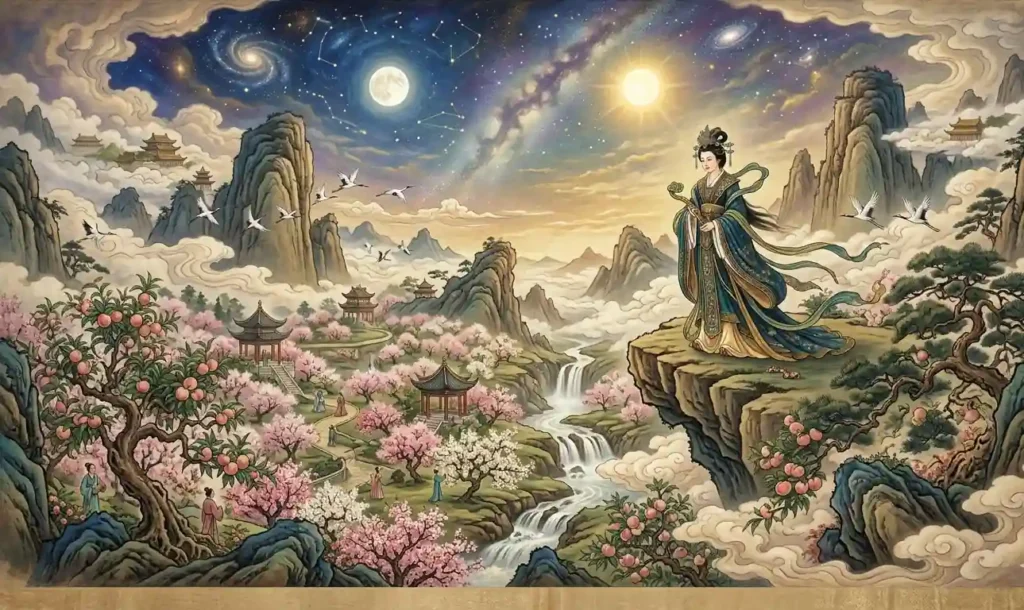 Xiwangmu standing above her sacred immortal peach garden.