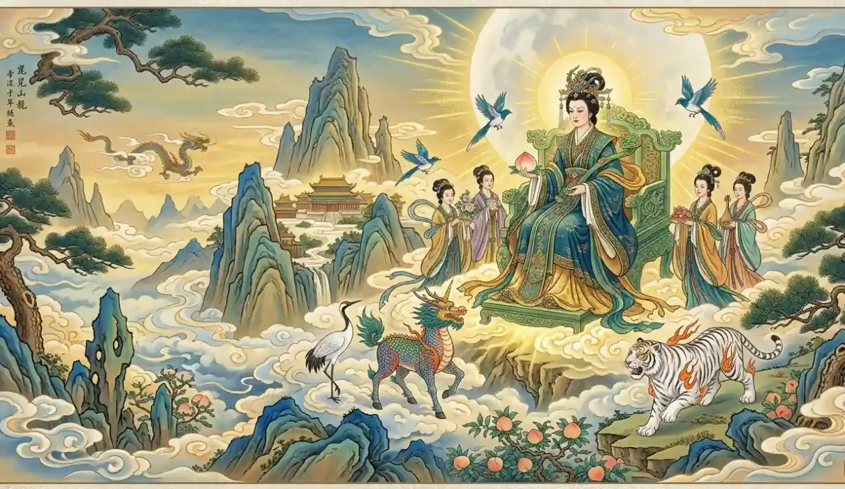 Queen Mother of the West seated on a heavenly throne atop Kunlun Mountain.