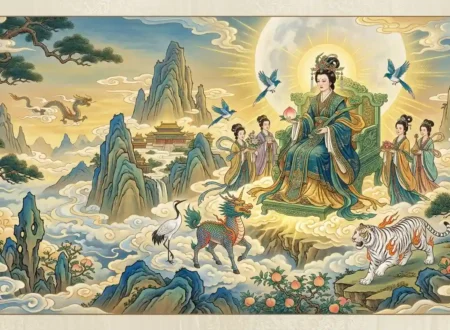 Queen Mother of the West seated on a heavenly throne atop Kunlun Mountain.