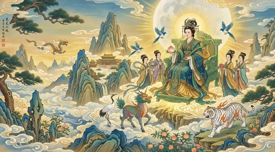 Queen Mother of the West seated on a heavenly throne atop Kunlun Mountain.