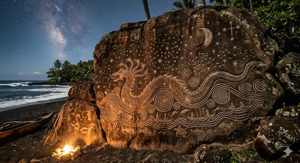 Rock art of serpent creature among ocean waves and stars