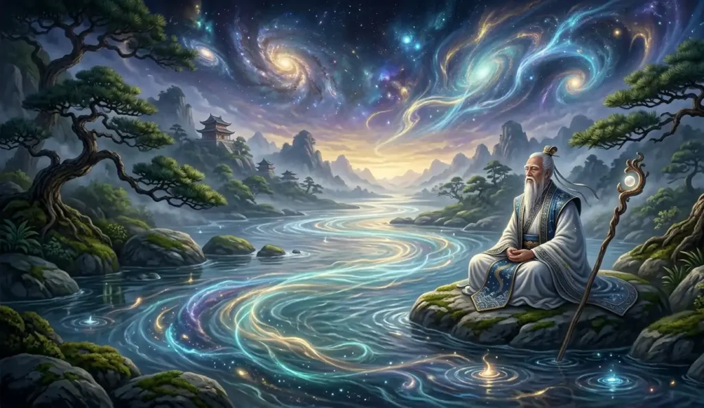 Daoist sage reflecting beside a flowing river at sunset.