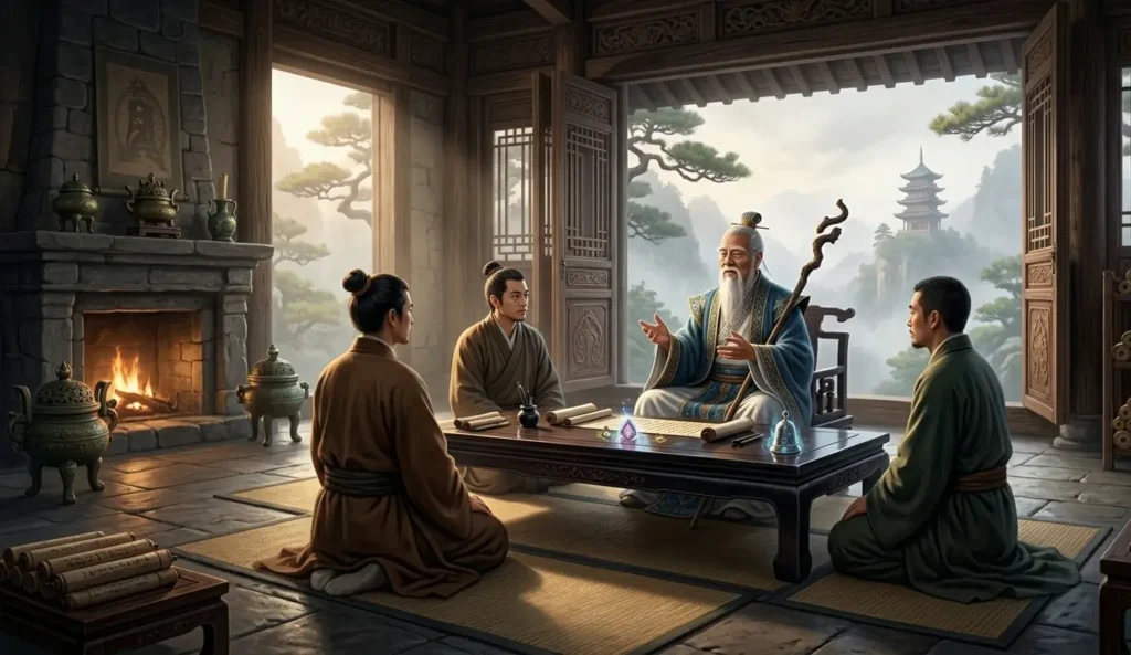 Daoist teacher passing sacred knowledge to disciples.
