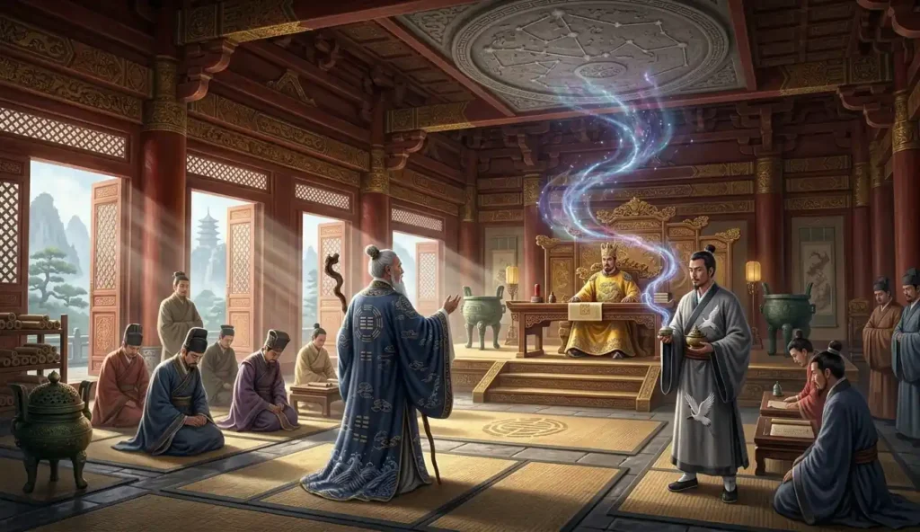 Daoist masters speaking within an imperial Chinese court.