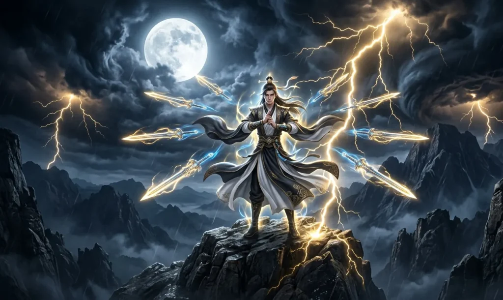 A powerful cultivator withstands golden lightning tribulation atop a mountain while spiritual swords circle around him under a stormy night sky.