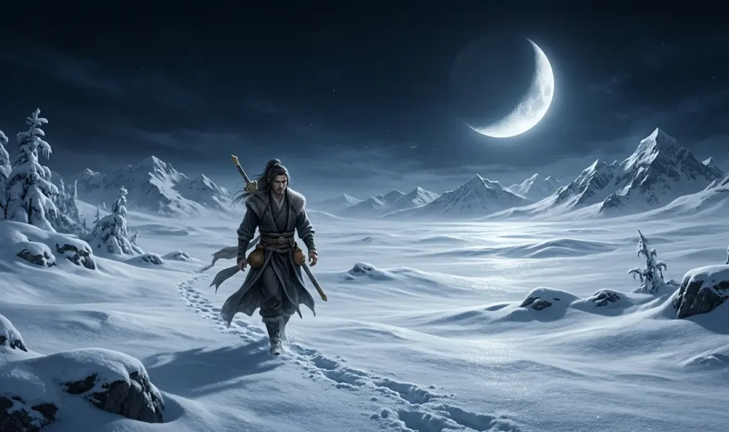 Wang Lin traveling alone beneath a cold moonlit sky.